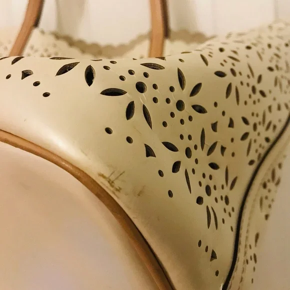 #006. COACH Metro Eyelet Perforated Tote - metallic cream & tan leather handles